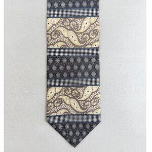 Vintage Paisley & Checkered Silk Tie 1980s Mixed Print Wide Necktie Beige/Black
